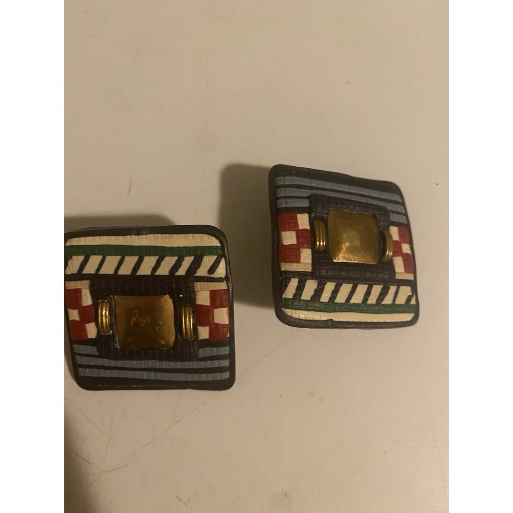 Doncaster Clip On Earrings Square Imported Clay Red/Blue/Green